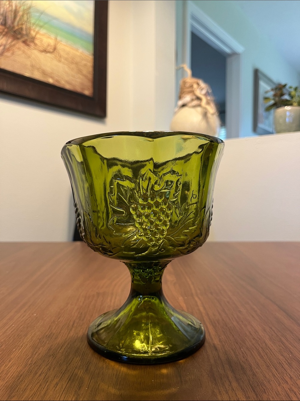 Indiana Glass Olive Green Grape Motif Compote